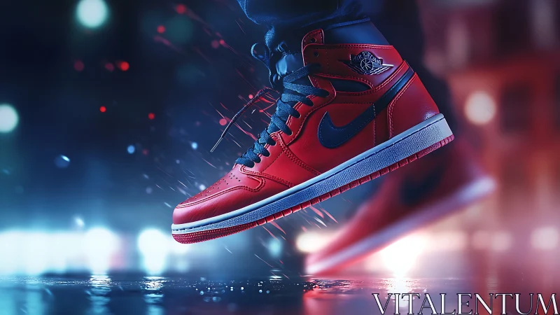 Bold red sneakers glowing against a moody city night.