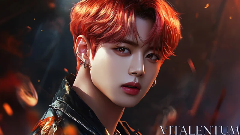 Red haired youth in glossy jacket amid glowing embers