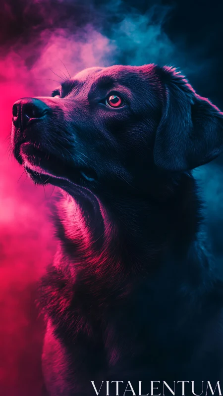 Canine portrait under bifurcated neon rim lighting in color smoke