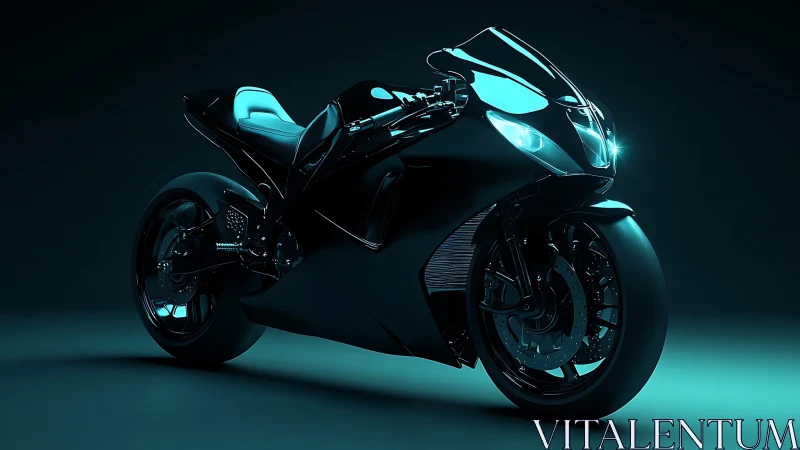 Futuristic sport motorcycle is rendered with cyan accent lighting