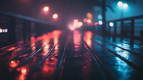 Rain soaked boardwalk with neon city lights at night.