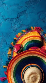 Colorful straw sombreros rest playfully on vivid blue wall