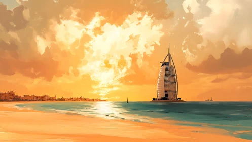 Digital seascape shows sail-shaped tower at orange sunset
