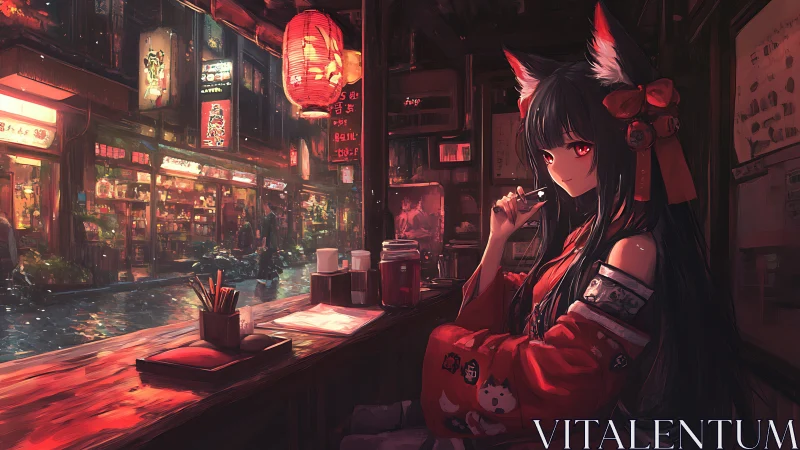 Fox-eared woman in neon-lit ramen bar rendered as digital nocturne