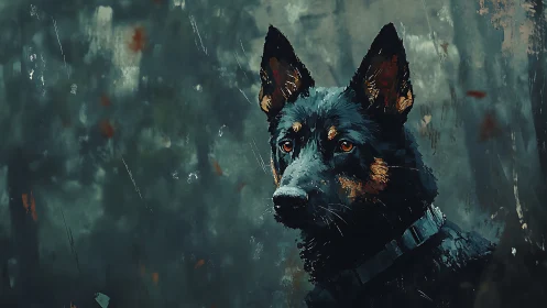 Midnight shepherd sentinel in mist-swirled forest hush.