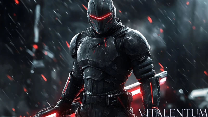 Armored cybernetic enforcer with red plasma blade in rain