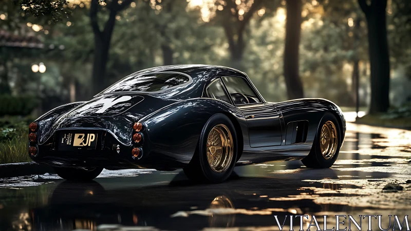 Aerodynamic grand tourer on wet boulevard at golden hour.