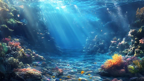 Sunlit coral reef seafloor with fish in clear blue water.