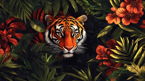 Chromatic tiger portrait embedded in dense tropical foliage.