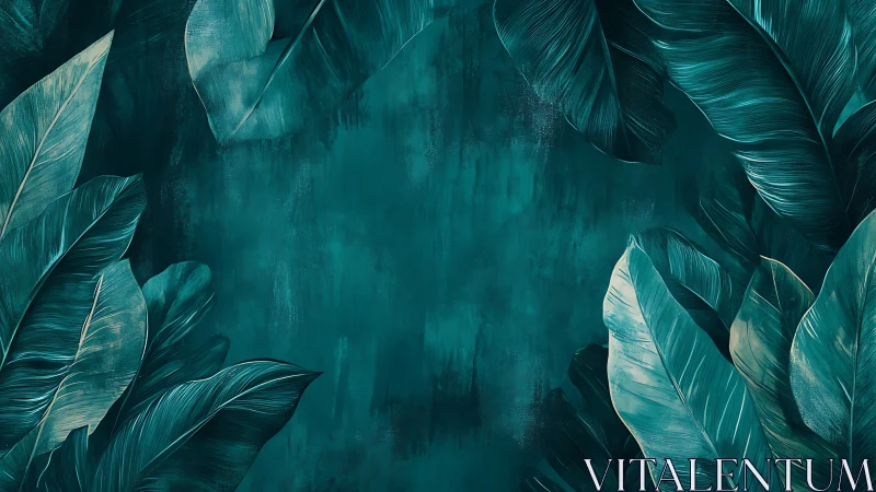 Verdant teal banana leaves frame a textured abstract void