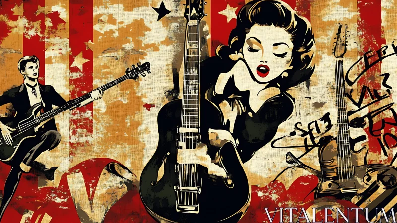 Pop-art rock montage with guitars, vocal iconography, and grunge texture.