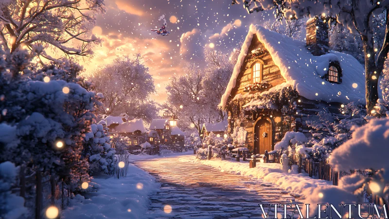 Snow-laden cottage street at dusk with warm bokeh snowfall