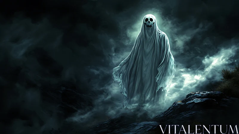 Spectral shrouded apparition hovers in volumetric moonlit fog