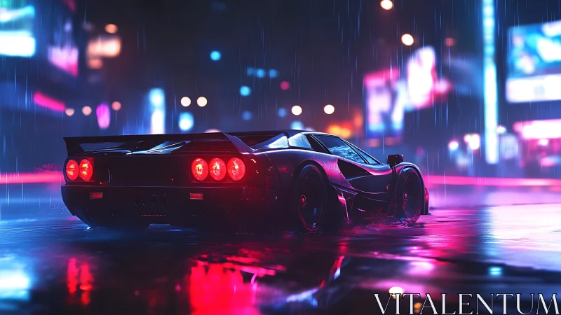 Neon-lit supercar in rain-soaked nocturnal city street reflection