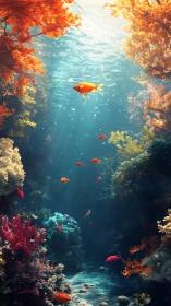 Golden fish gliding through vibrant autumn coral reef.