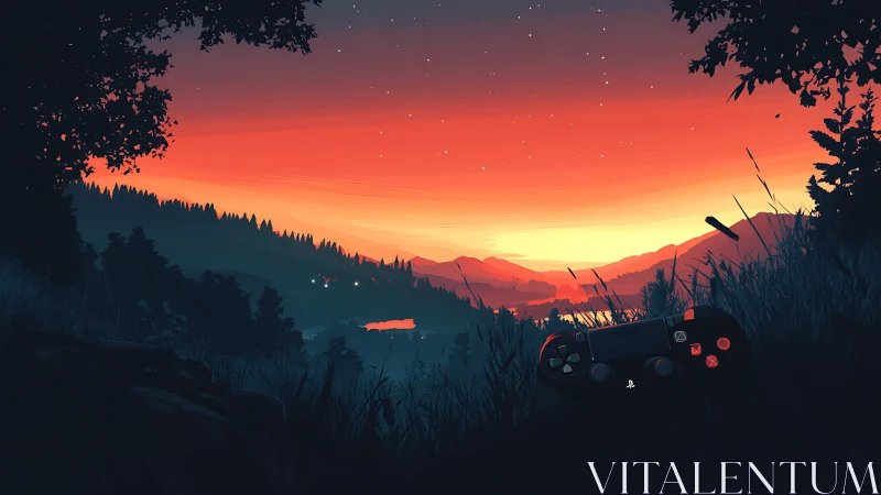Game controller lying in grass before stylized sunset valley