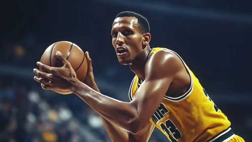 Focused basketball player prepares to shoot under arena lights