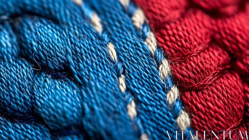 Macro view reveals woven blue and red textile fibers