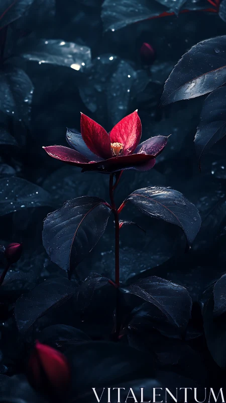Crimson Bloom Emerges Through Nocturnal Darkness with Luminescent Bokeh