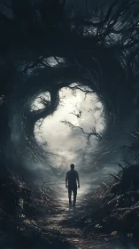 Lone figure entering swirling void forest tunnel portal.
