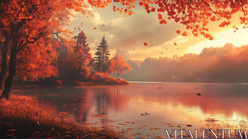 Golden hour autumn lake with drifting crimson leaves.