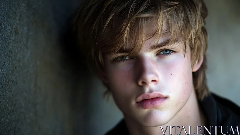 Young person leans against textured wall and looks ahead