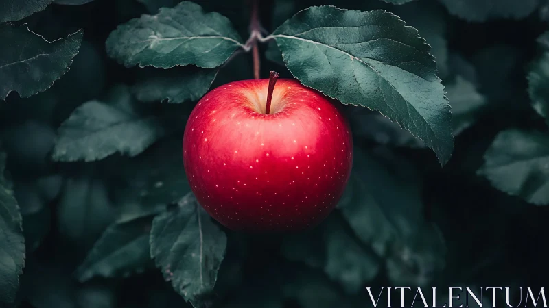 Vibrant red apple on tree branch with dark green foliage, close-up.