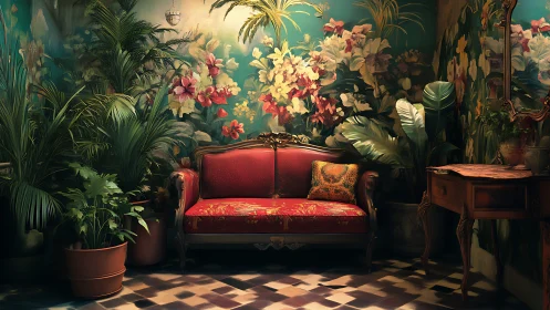 Red velvet sofa anchors lush tropical floral interior