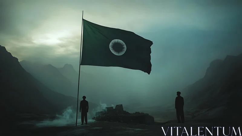 Lone flag rises in misty mountains as silent figures watch