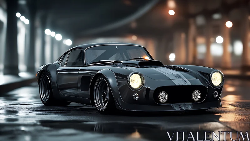 Low-slung classic sports car rendered in hyperreal night lighting