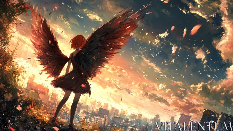 Winged dusk sentinel above a burning pastel skyline.