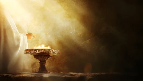 Photorealistic sacred altar scene with directional light focus.