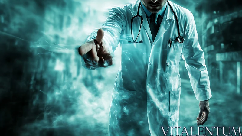 Medical professional in mist-filled urban environment.