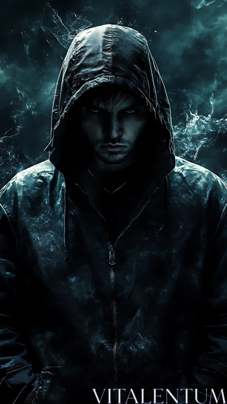 Hooded figure stands in low key lighting against smoky backdrop