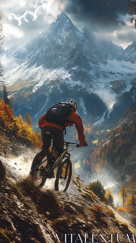 Mountain Terrain Cyclist in Alpine Environment with Precipitation