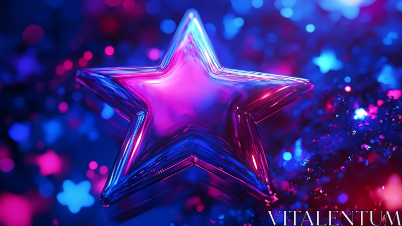 Luminous glass star glows over neon bokeh background