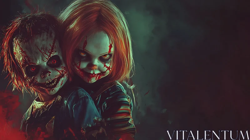 Hyperreal demonic dolls with stitched lacerations in red haze.