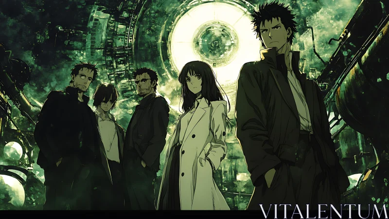 Sci fi team framed by luminous reactor core glow.