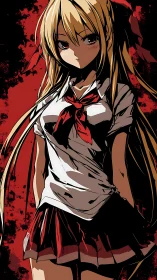 Defiant blonde anime schoolgirl in distressed uniform, red backdrop