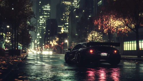 Midnight street racer hums softly through neon-tinted rain