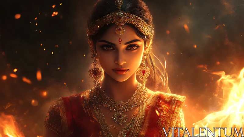 Incandescent warrior queen amid combustive aureole of fire.