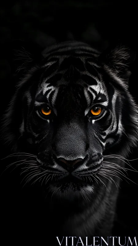 Close frontal view of tiger face in deep black surroundings.