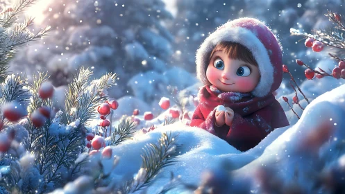 Child in red winter coat among snow-covered berry shrubs.