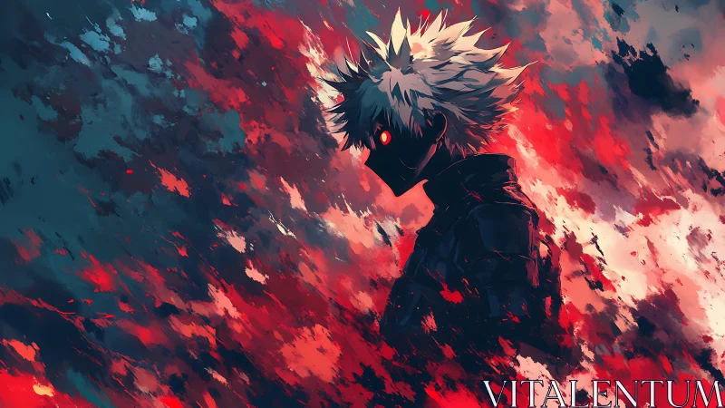 White haired figure stands in blazing red abstract storm