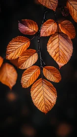Orange-brown serrated leaves hang from a dark slender branch