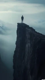 Solitary figure on sheer cliff in misty atmospheric light.