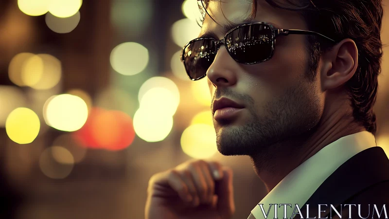 Midnight city gentleman wrapped in cinematic golden bokeh glow.