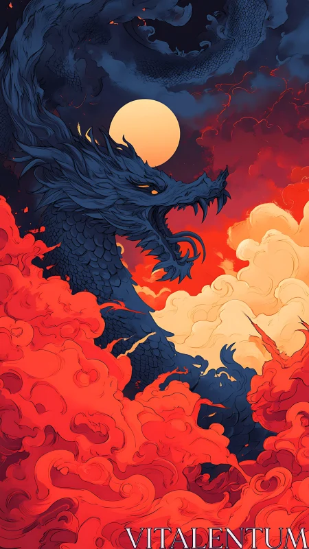 Coiled navy dragon silhouettes against high-contrast red storm clouds