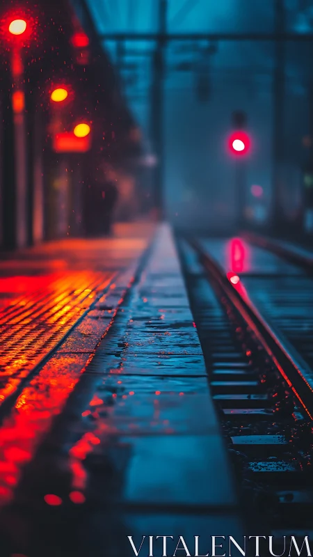 Rain-soaked night platform with neon red signal glow.