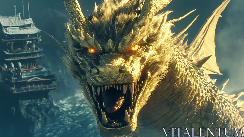 High-detail golden dragon rendered with cinematic volumetric lighting